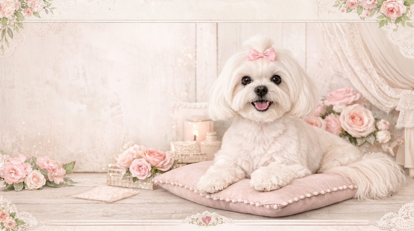 Beautifully groomed Maltese on a pink satin pillow surrounded by roses